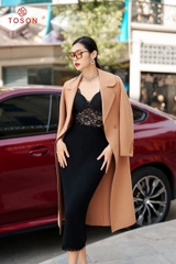 99006E34 - Áo dạ lông cừu Be, dáng dài thắt đai eo