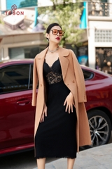 99006E34 - Áo dạ lông cừu Be, dáng dài thắt đai eo