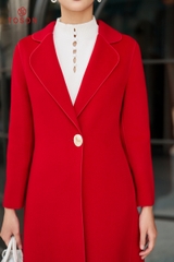 99007D34 - Áo dạ lông cừu đỏ dáng dài, cổ K cài 1 khuy