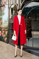 99007D34 - Áo dạ lông cừu đỏ dáng dài, cổ K cài 1 khuy