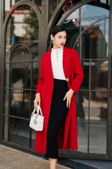 99007D34 - Áo dạ lông cừu đỏ dáng dài, cổ K cài 1 khuy