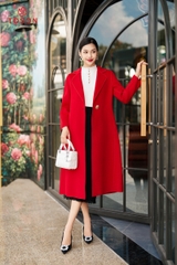 99007D34 - Áo dạ lông cừu đỏ dáng dài, cổ K cài 1 khuy