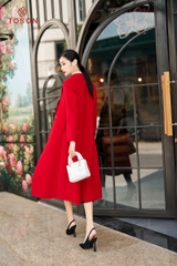 99007D34 - Áo dạ lông cừu đỏ dáng dài, cổ K cài 1 khuy