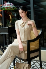 B1254 - Bộ đũi xước be kem: Áo đính hoa+ Q suông