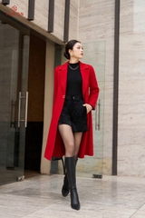 99002D34 - Áo dạ lông cừu đỏ, dáng dài, mí gân cửa tay đính trang trí