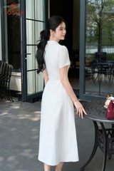 43156E96 - Đầm linen trắng phẩy,cổ đức bấu mí