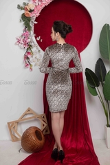 49326H640  -  Đầm nhung dior cổ tim can ren, chân búp sen xếp nhún.