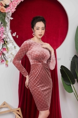 49336P140 -  Đầm nhung hồng pastel, xoắn eo