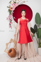 49385D540 -  Đầm tafta đỏ xòe, phối lưới
