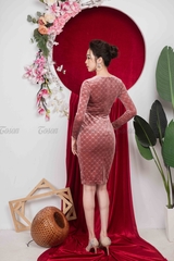 49336P140 -  Đầm nhung hồng pastel, xoắn eo