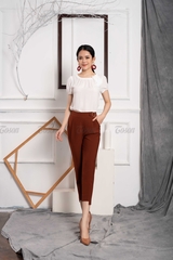 23013N620 - Quần baggi nâu đất, cạp trang trí khuyên cá tính.