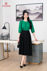 14068X84 - Áo tơ xanh tay lỡ, vai xếp bèo