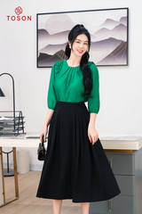 14068X84 - Áo tơ xanh tay lỡ, vai xếp bèo