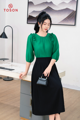 14068X84 - Áo tơ xanh tay lỡ, vai xếp bèo