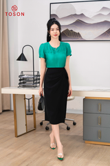 14105X64 - Áo sơ mi đũi lụa xanh, ngực cấu mí