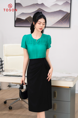 14105X64 - Áo sơ mi đũi lụa xanh, ngực cấu mí