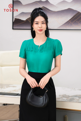 14105X64 - Áo sơ mi đũi lụa xanh, ngực cấu mí