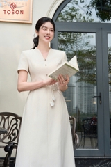 49166E66 - Đầm cổ leo tạo form,thắt eo đính hoa- linen phẩy