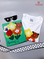 AP537X24 - Áo cotton xanh lá in hình bông hoa sắc màu