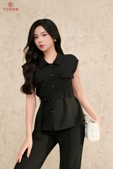 14086B65 - Áo carolan đen thắt đai eo