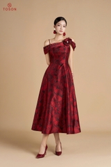 49306D75 -Đầm tiệc hoa đỏ đính hoa trang trí