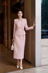 B8361P65 - Bộ text hồng đỗ, áo vest thắt đai + CV