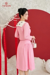 S8376P83 - Set tweet hồng: Áo cổ trắng đính nơ + Chân váy xòe.