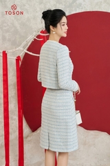 S8346X93 - Bộ text xanh: Áo vest cổ tròn phối trắng + chân váy.