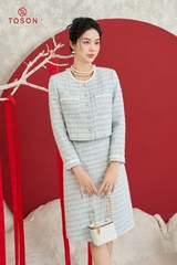 S8346X93 - Bộ text xanh: Áo vest cổ tròn phối trắng + chân váy.