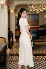46086W66 - Đầm be kem xòe cổ đính nơ- carolan