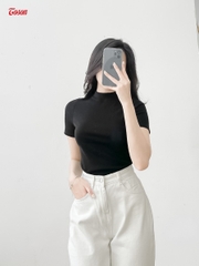 ACN55B34 - Áo cotton Borip đen tay ngắn, cổ 3cm
