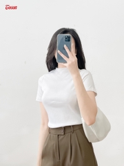 ACN01W33 - Áo cotton trắng dáng ôm cộc tay, cổ 3cm