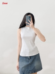 AGN88W33 - Áo cotton Borip trắng dáng ôm, sát nách cổ 3cm.