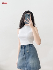 AGN88W33 - Áo cotton Borip trắng dáng ôm, sát nách cổ 3cm.