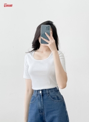 AGN99W34 - Áo Cotton borip dáng ôm, cổ U tay cộc.