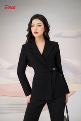 82775B52 - Áo blazer tuytsi Đen, cổ K, túi lệch, thắt đai