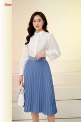 37555X52 - Chân váy xanh mine Mango dập ly xoè to nhỏ, cạp phối đai.