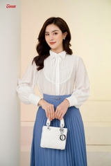 37555X52 - Chân váy xanh mine Mango dập ly xoè to nhỏ, cạp phối đai.