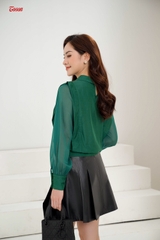 36529B82 - Chân váy đen giả da, dáng xếp ly xòe