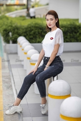 AP019W81- T shirt trắng tay phối ren chạy smocking xếp nhúm cửa tay.