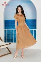 42061E14 - Đầm xòe chiffon vàng bò, cổ cuốn hoa TT (limitted)