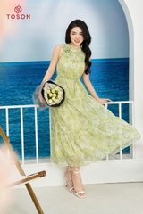 48067X14 - Đầm Maxi hoa xanh cổ xếp bèo đính hoa
