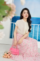 10079E14 - Áo suông lụa trắng kem cổ tàu xếp bèo