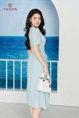 44002X14 - Đầm text đũi xanh, tà bong xếp ly thắt nơ eo
