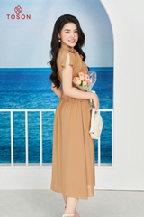 42061E14 - Đầm xòe chiffon vàng bò, cổ cuốn hoa TT (limitted)