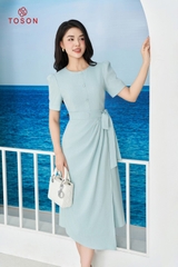 44002X14 - Đầm text đũi xanh, tà bong xếp ly thắt nơ eo