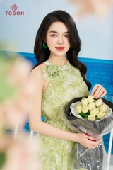 48067X14 - Đầm Maxi hoa xanh cổ xếp bèo đính hoa