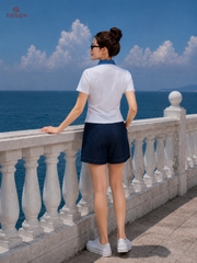 AP408W96 - Áo phông dáng ôm eo, cổ polo phối xanh