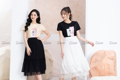 38009W12- Chân váy voan ngựa trắng, dáng xòe nhún, gấu phối ren..