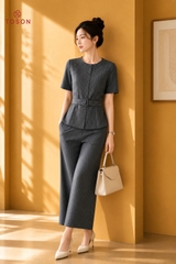 B1237K85 - Bộ ký giả denim ghi kẻ: Áo + Q suông